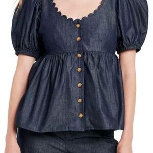 Kika Vargas for Target Denim Blue Puff Sleeve Peplum Blouse